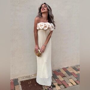 Zara Cream Strapless Dress with Floral Detail